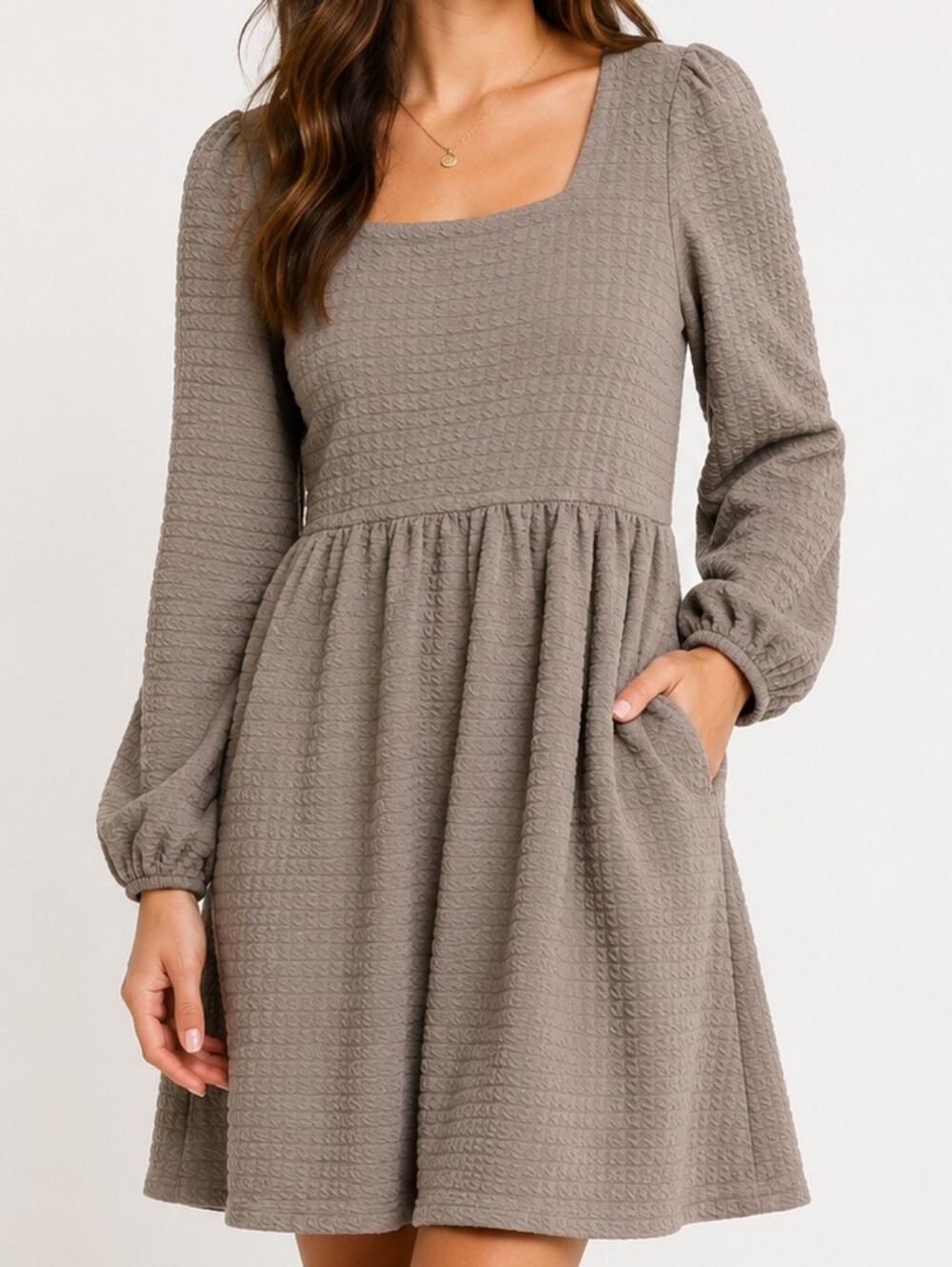 Square Neck Long Sleeve Textured Dress - Taupe